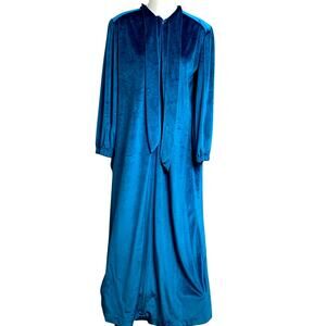 VTG Julie Girl Medium Velour Teal Blue Lounge Robe Floor Length Bath Grannycore